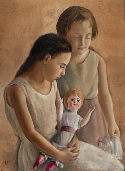 Rosario de Velasco Niñas con muñeca, 1937 Óleo sobre táblex. 93 x 72 cm. Colección privada. © Rosario de Velasco, VEGAP, Madrid, 2024